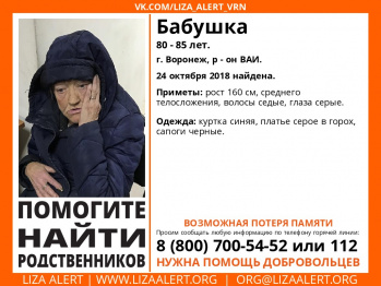 В Воронеже волонтеры объявили поиски родственников найденной на ВАИ пенсионерки
