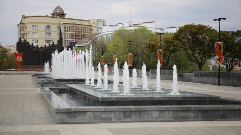 В Воронеже показали вечернюю подсветку фонтанов на площади Победы
