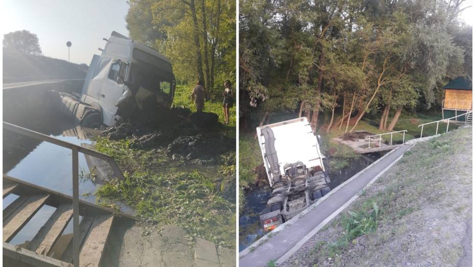 Тяжелый грузовик вылетел с дороги в родник в воронежском селе: пострадал водитель