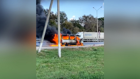 Объятый пламенем фургон сняли на видео на трассе под Воронежем