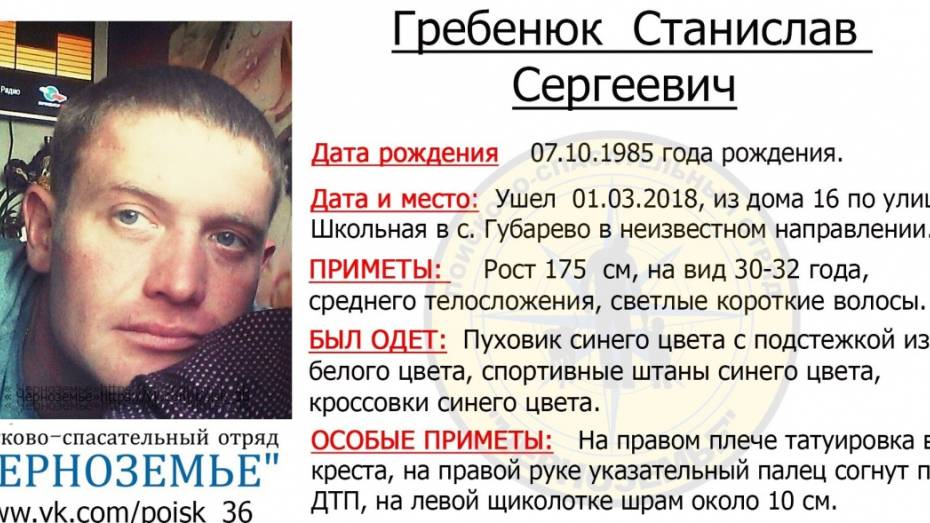 В Воронежской области пропал 32-летний мужчина со шрамом и татуировкой в виде креста