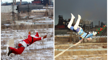 Воронежские парашютистки в новогодних костюмах прыгнули с 30-метровой крыши
