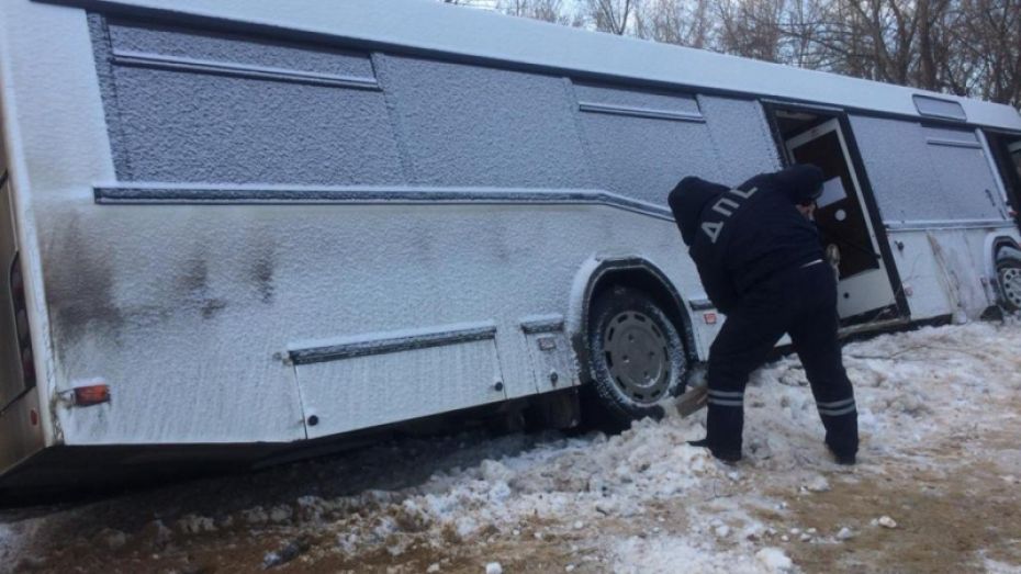 В Воронежской области инспекторы ДПС помогли вытащить автобус из кювета