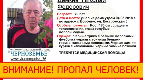 Поисковики сообщили о пропаже 70-летнего воронежца
