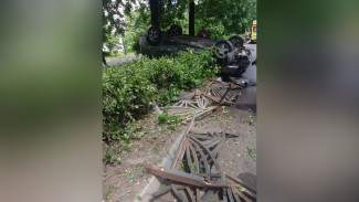 Автомобиль снес ограждение сквера в центре Воронежа и перевернулся на крышу