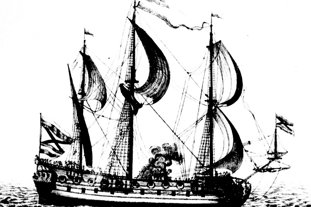 Первый линейный корабль «Гото Предестинация», спущенный на воду на воронежской верфи. Начало XVIII в. Изображение предоставлено архивной службой Воронежской области