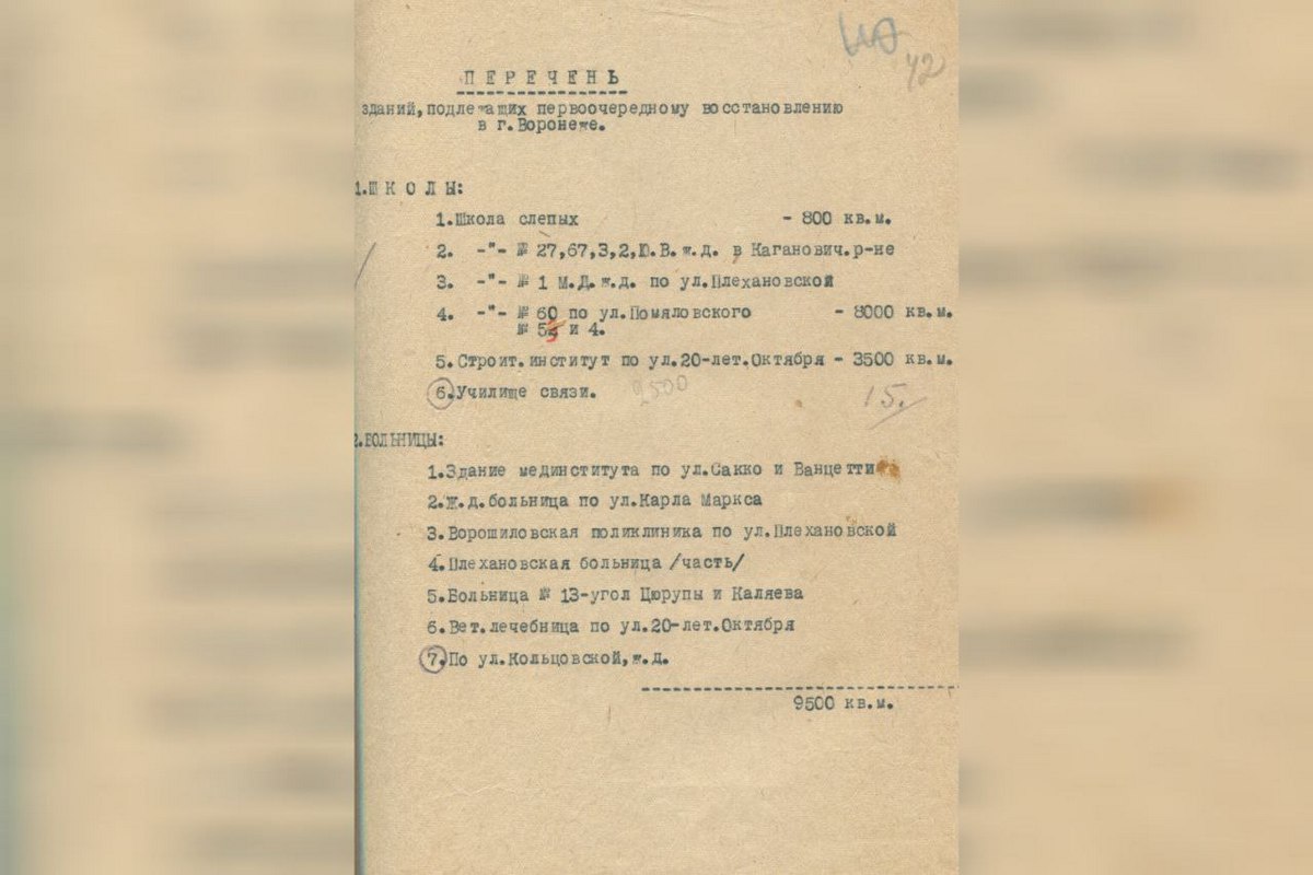Перечень зданий Воронежа, подлежащих первоочередному восстановлению в 1943 г. 
