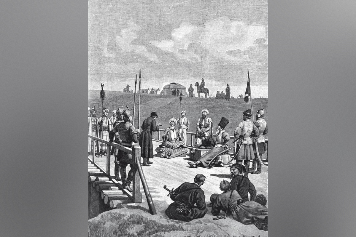«Переговоры о мире ханского посла Казы-Гирея и князя Хворостинина на мосту реки Сосны в 1593 году», картина Николая Дмитриева-Оренбургского