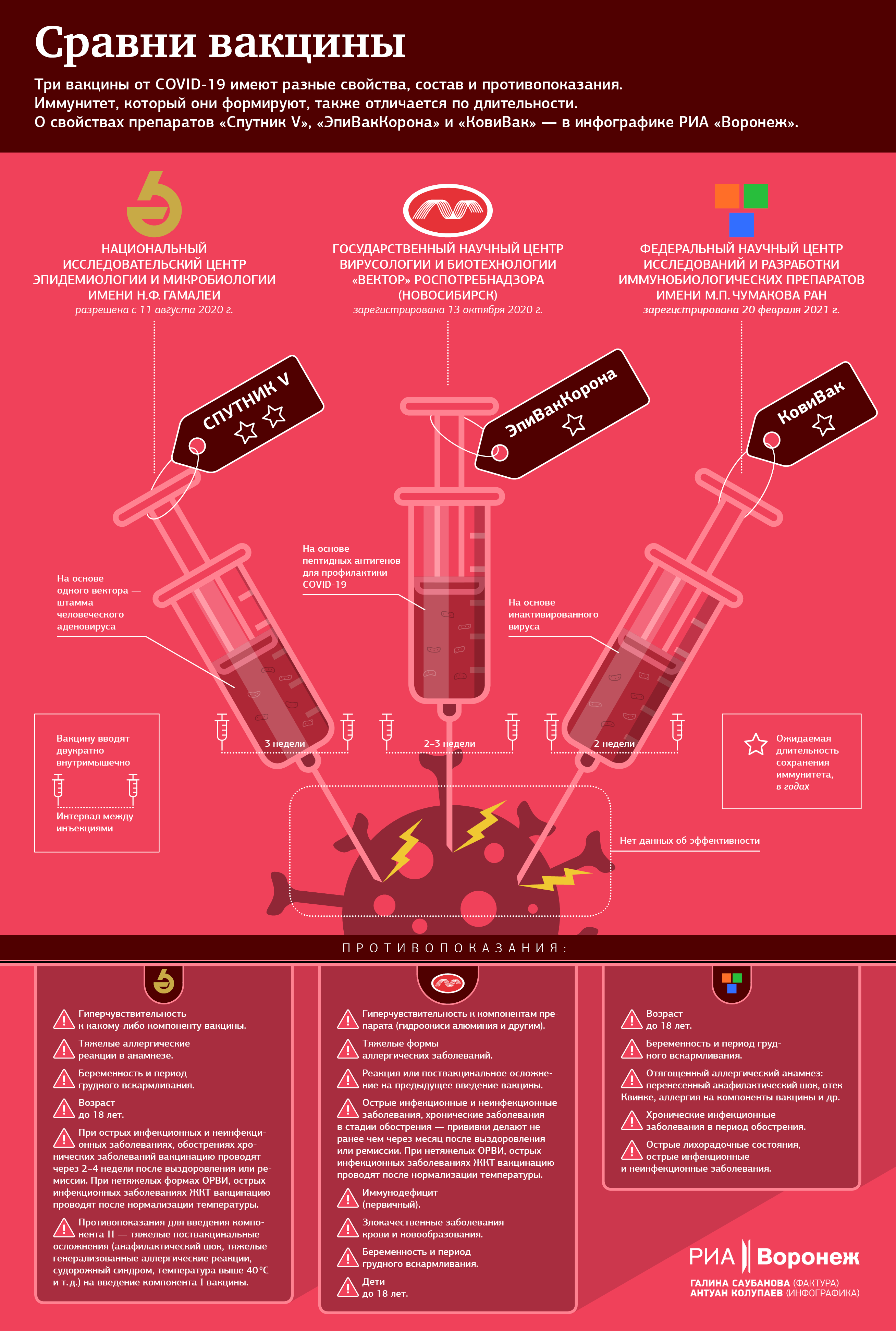 Три вакцины от COVID-19 имеют разные свойства, состав и противопоказания. Имммунитет, который они формируют, также отличается по длительности. О свойствах препаратов «Спутник V», «ЭпиВакКорона» и «КовиВак» – в инфографике РИА «Воронеж».
